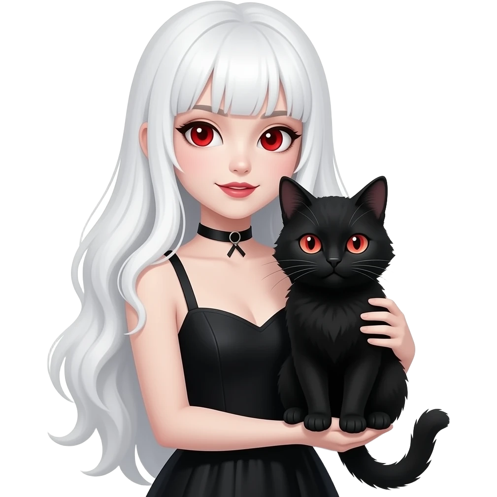 a beautiful girl with long white hair and red vampire eyes, wearing a black dress and holding a black furry cat emoji