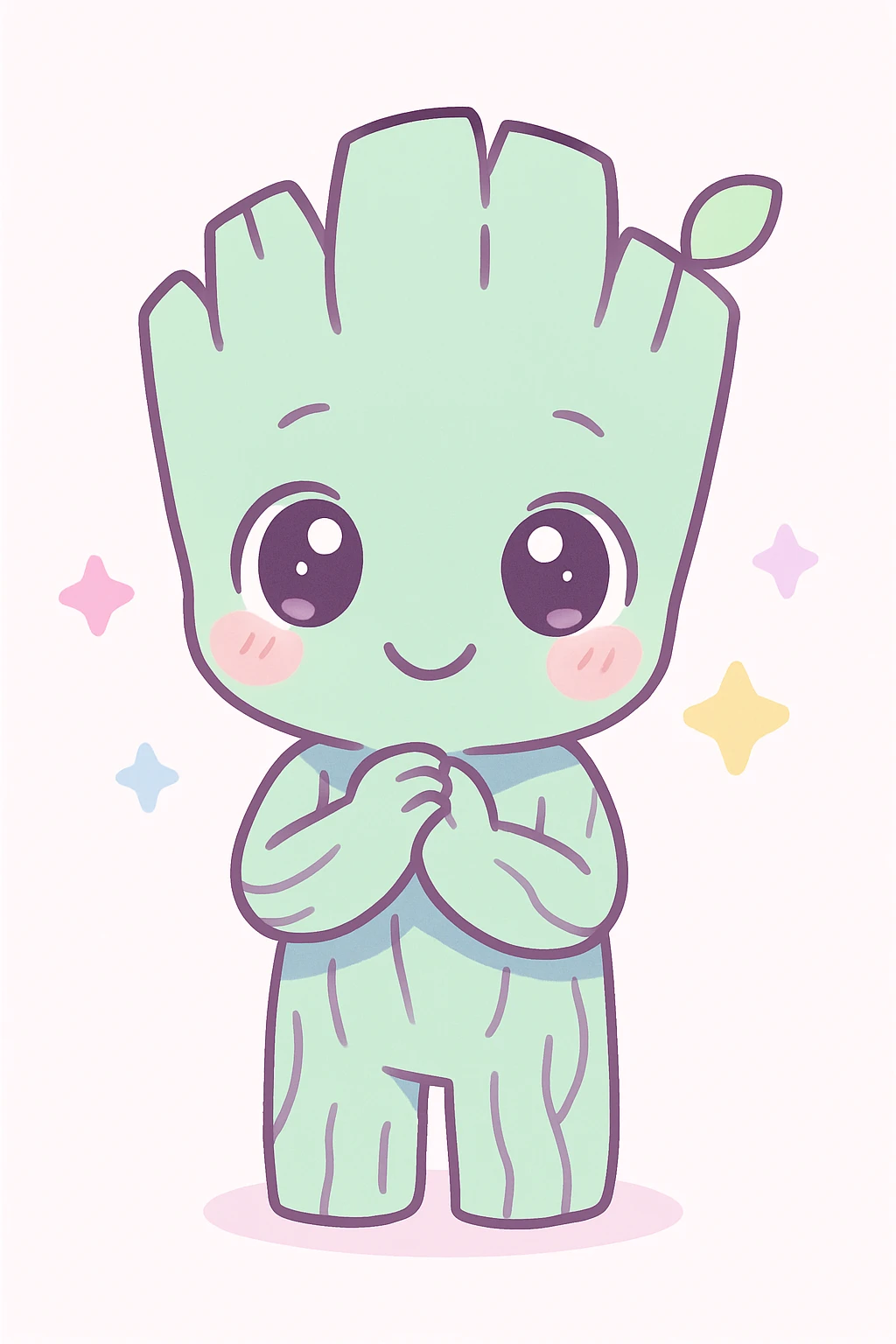 anime style Groot character, cute and shy, happy expression, standing with hands together emoji