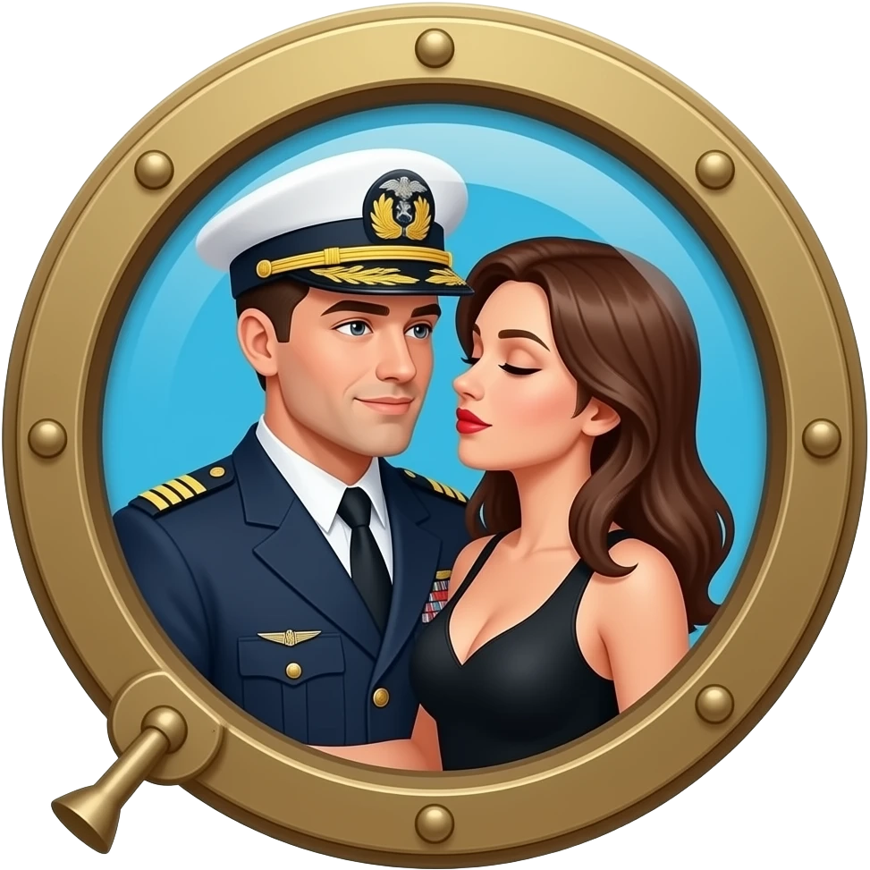 Porthole with male naval officer and female dressed in black having sex emoji