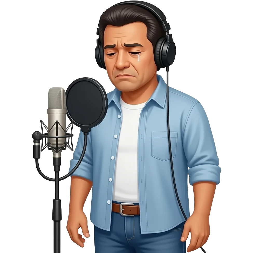 Sad, lonely, divorced Mexican man with headphones in the standing Microphone emoji