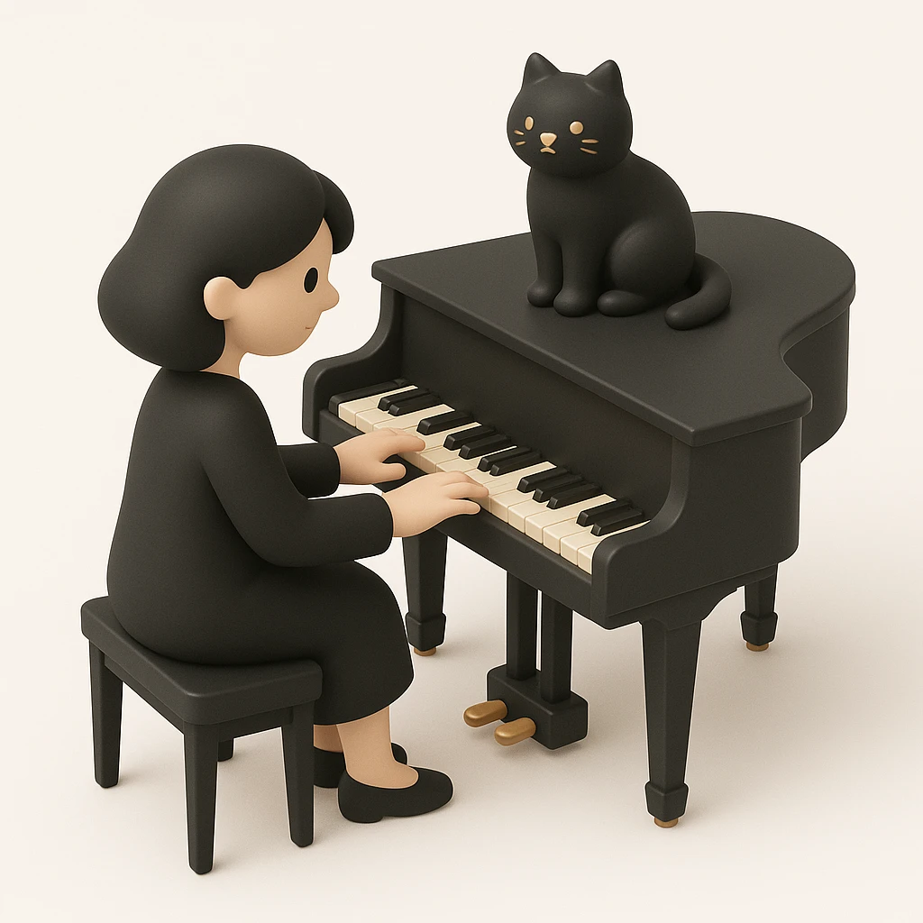 woman playing piano while her cat sits on top of the piano emoji