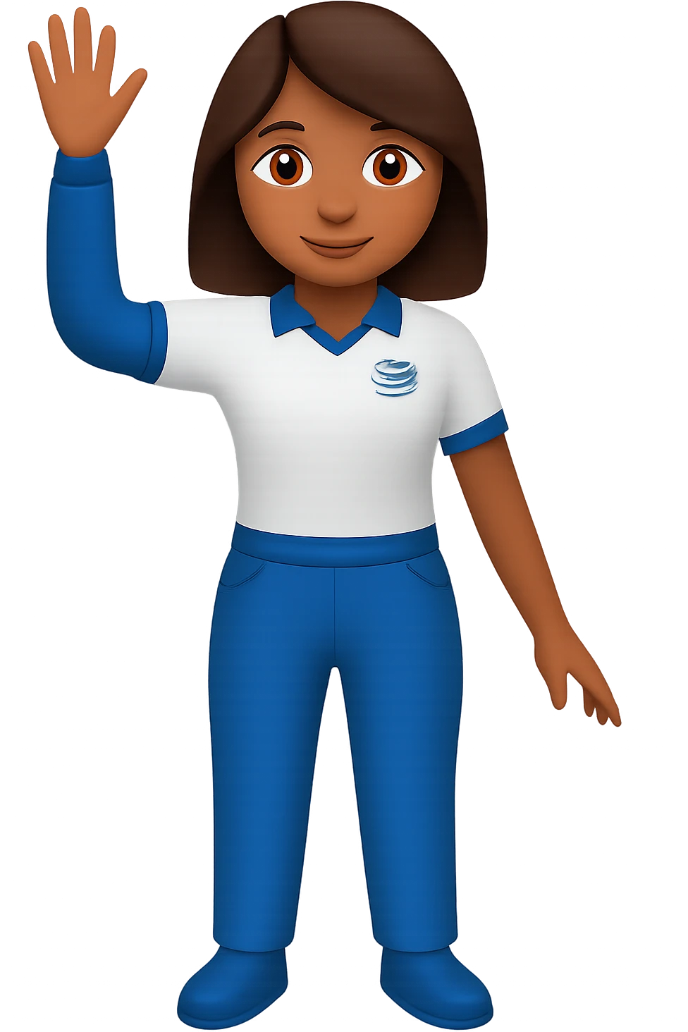 Edit the image of an AT&T inspired woman emoji, full body, waving, in Apple emoji style. Change the hair color to brown. Keep the blue and white color scheme. Remove the background to transparent. emoji