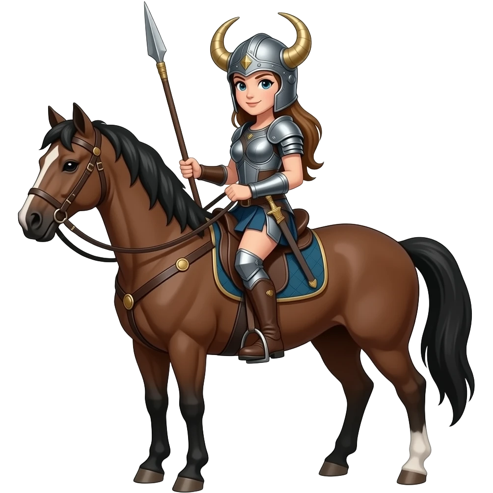 valkiria en caballo, casco, lanza, cabello café, cuerpo completo emoji