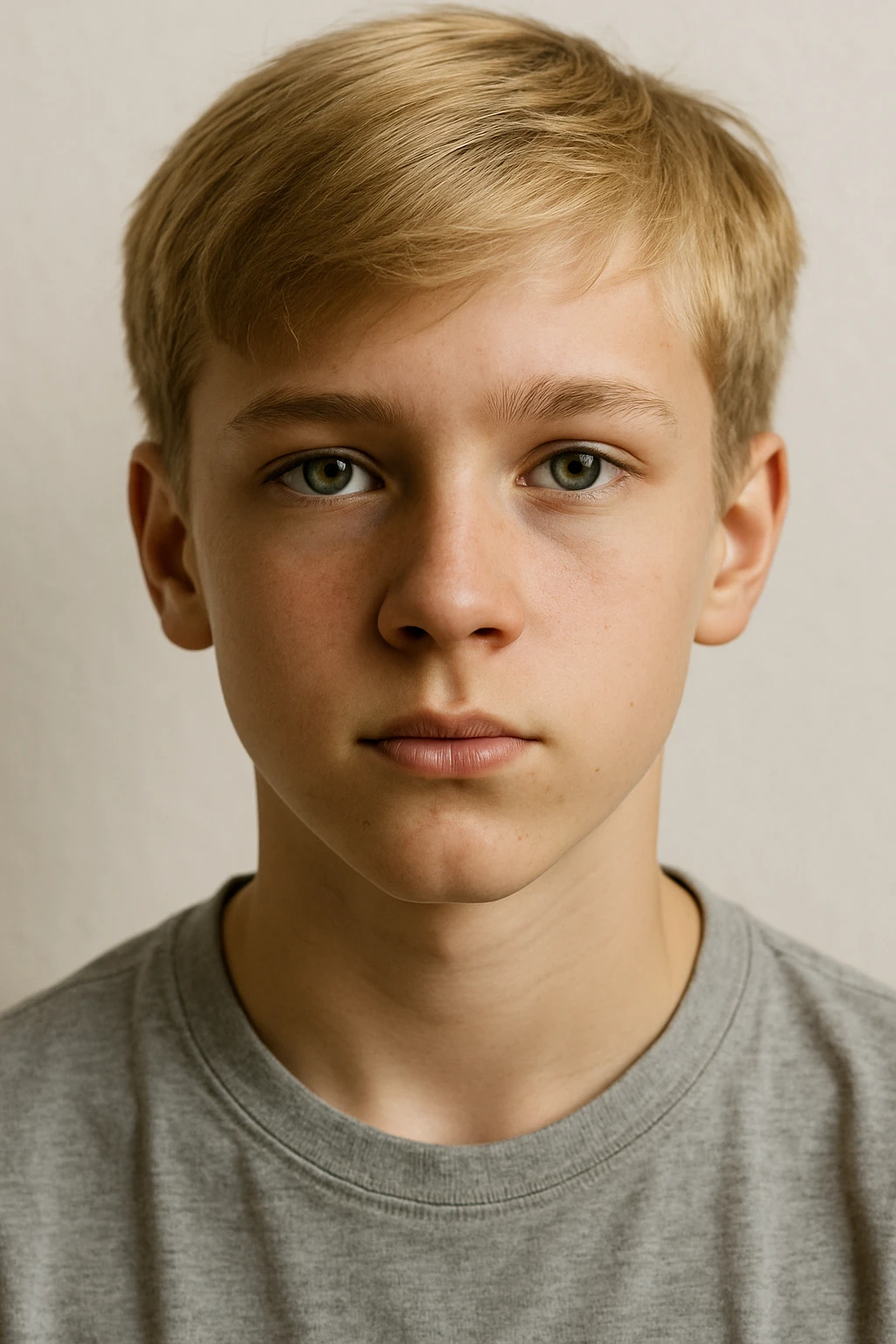 retrato realista de un niño de 13 años, pelo rubio claro, ojos verdes, fondo claro emoji