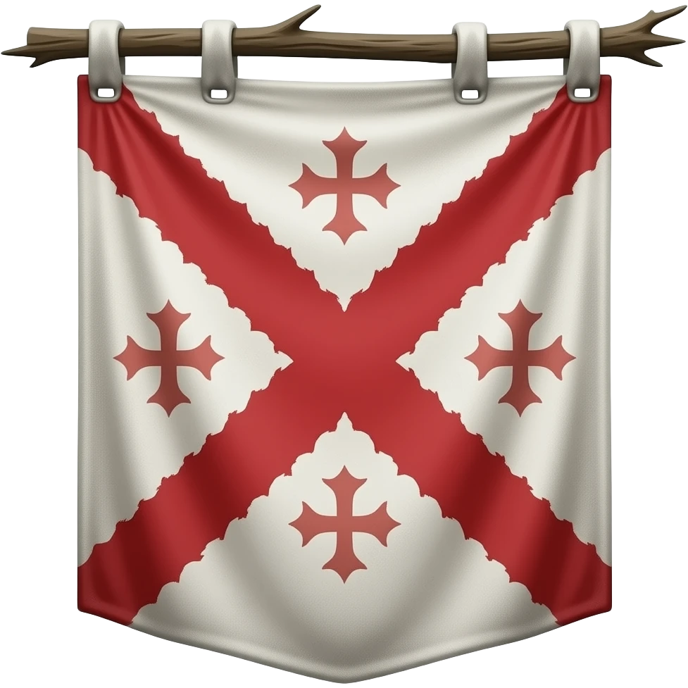 A white banner featuring a prominent, red 'X' shape. This 'X' is a Cross of Burgundy, which is a jagged saltire with rough edges like knotted branches. Do not show a straight cross. 17th century historical military style, battle-worn texture. emoji
