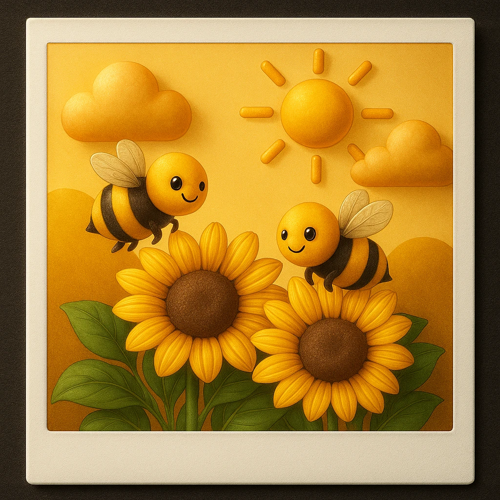 3D iOS style emoji of sunflowers with bees, a sun, and clouds in the background, mimicking the colors and composition of the reference image, add more details, add a polaroid frame emoji