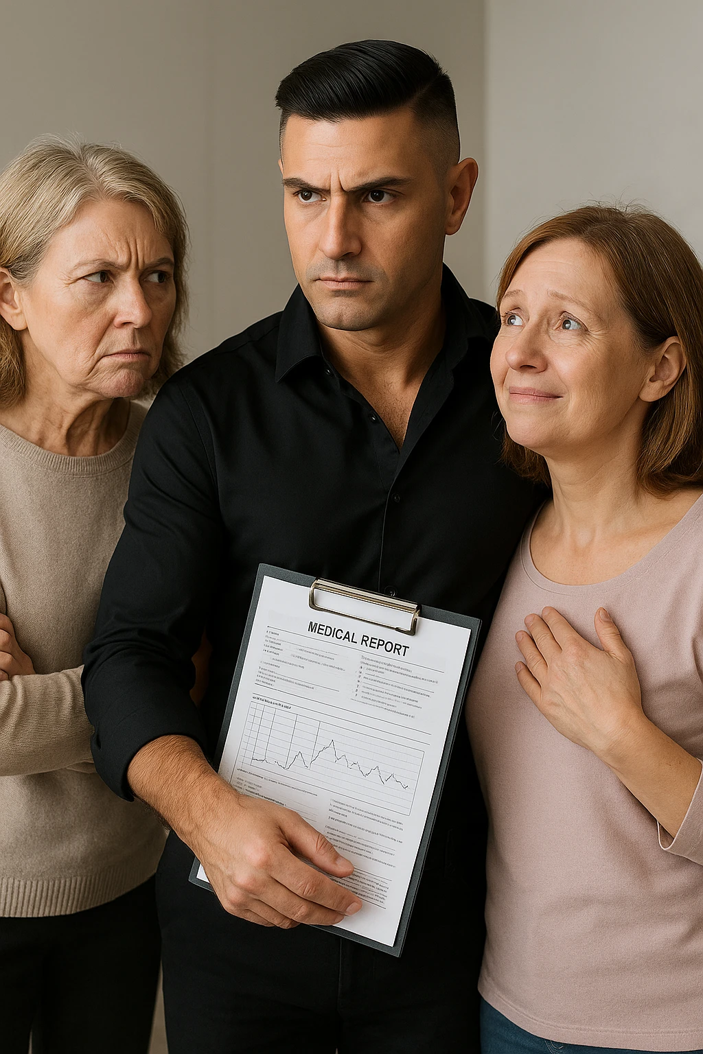 Middle-aged man standing between his menopausal wife and critical mother-in-law, body language shielding her, medical reports in hand proving her symptoms are real emoji