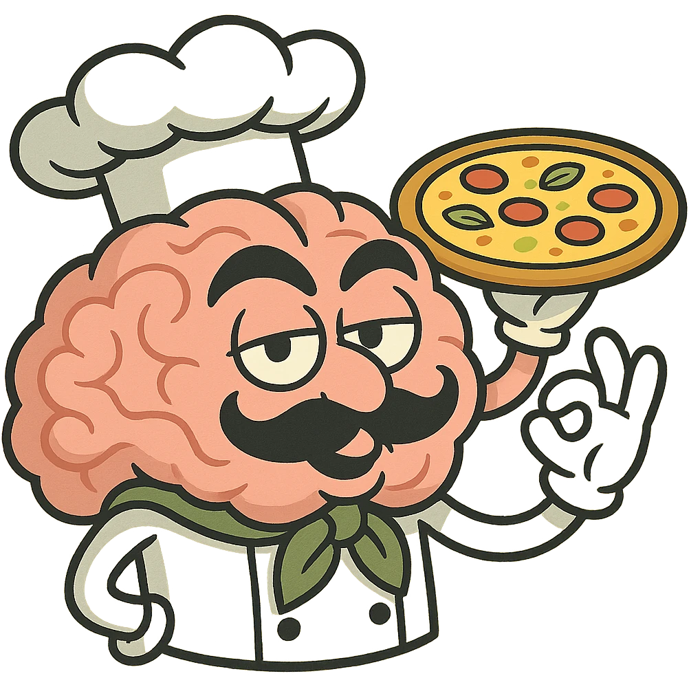 brain wearing chef's hat, holding pizza, exaggerated Italian features, fun style emoji
