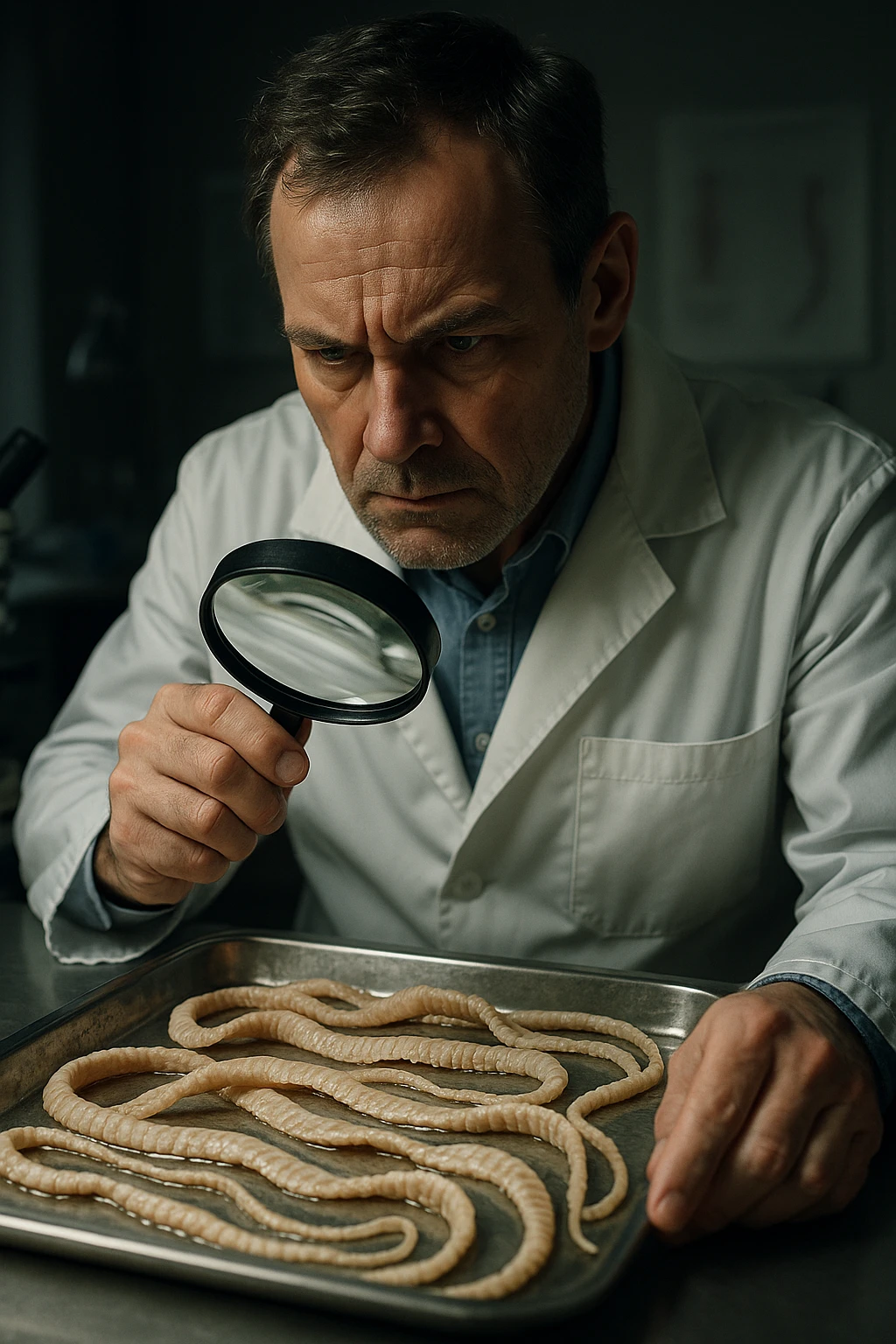A middle-aged male kinesiologist wearing a pristine white lab coat, intensely analyzing long, beige tapeworms (like Taenia) under a magnifying glass. His expression is focused and slightly concerned, with dramatic studio lighting casting sharp shadows. The parasites are highly detailed, moist, and textured, stretched across a sterile metal tray. The background is blurred but suggests a clinical environment—hints of a microscope, medical charts, and clean lab equipment. The style is hyper-realistic, with a cinematic contrast between the bright white coat and the grotesque, organic forms of the parasites. No sci-fi elements, just raw medical realism with a disturbing edge emoji