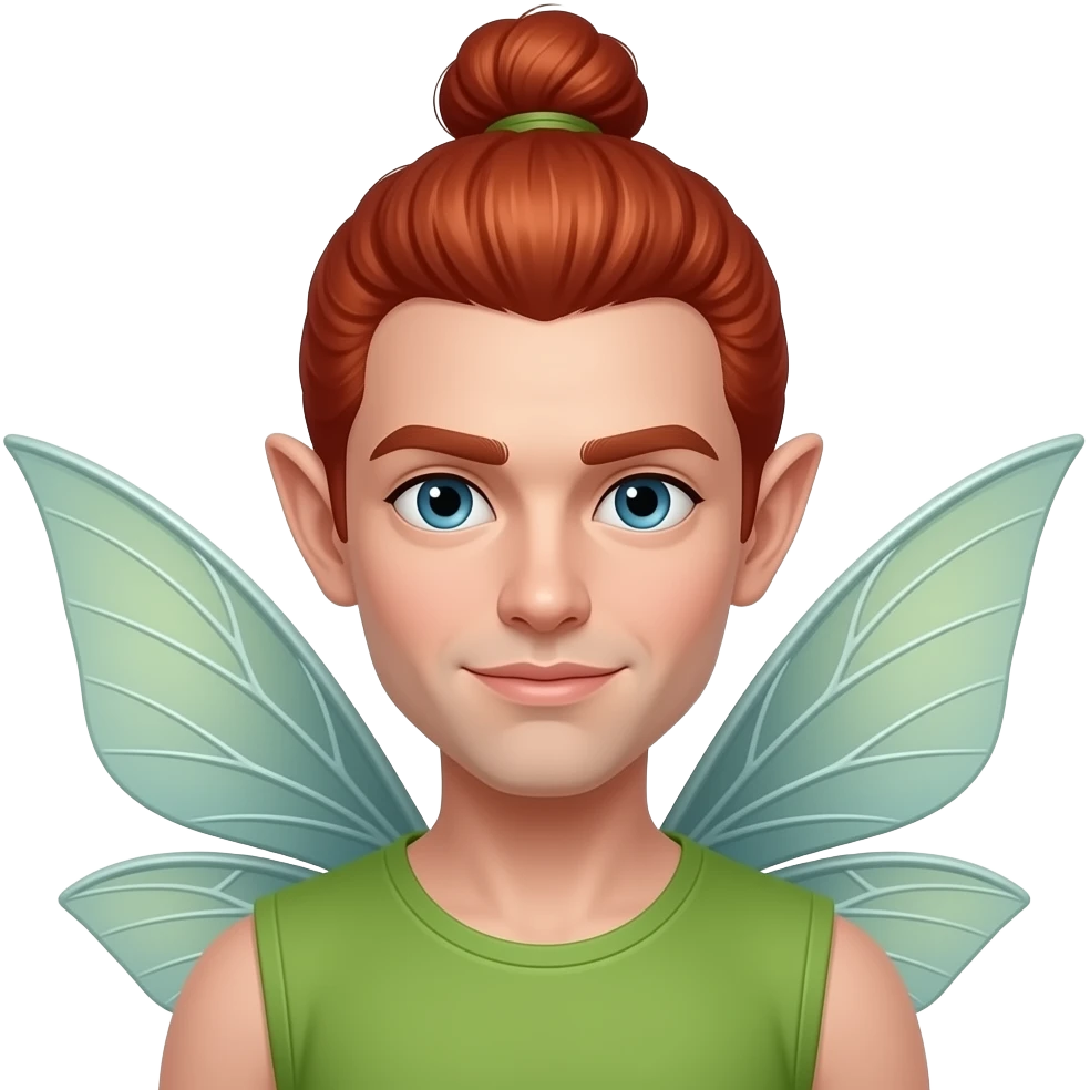 fairy face with red bun hair, man, wings sticking out emoji