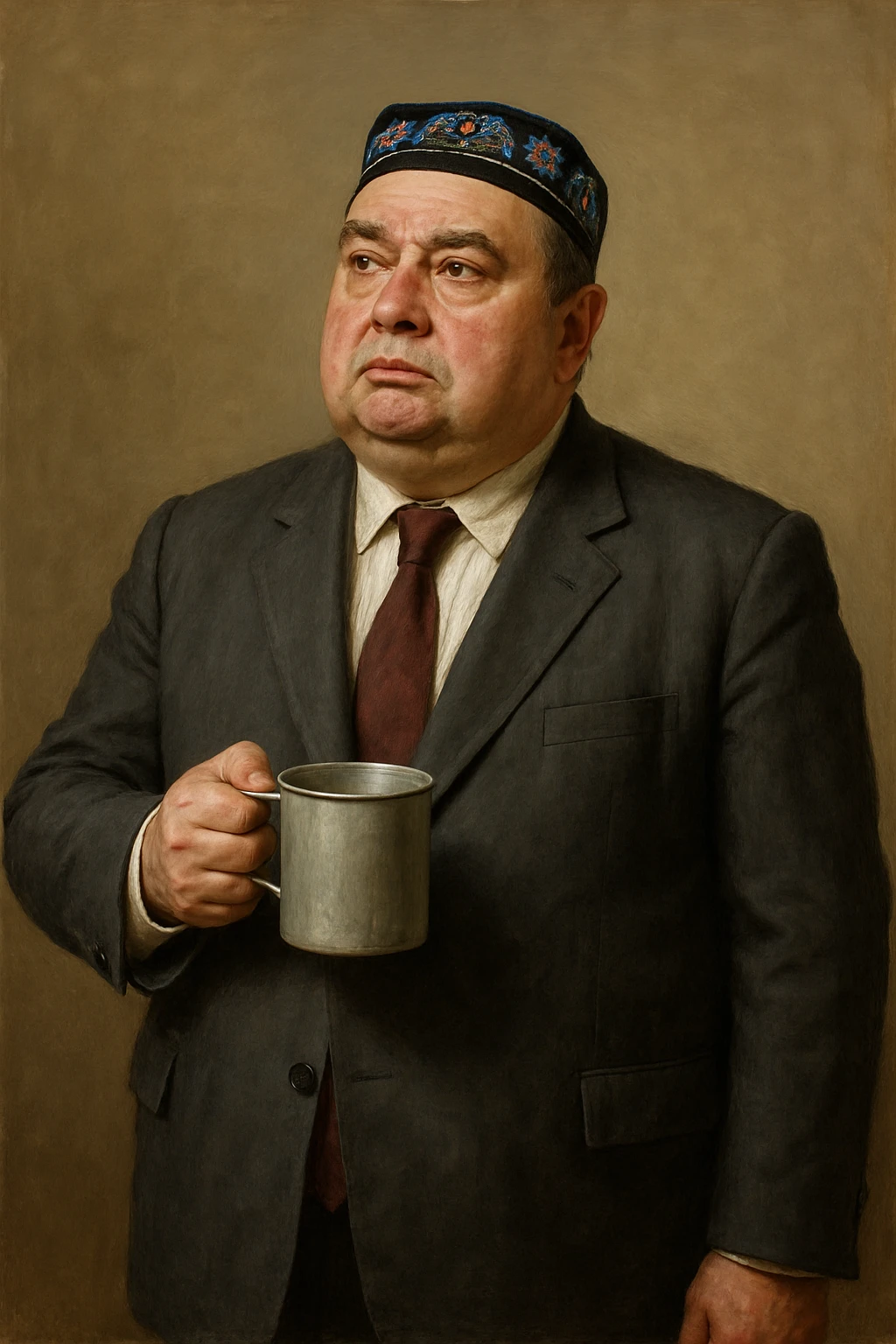Сгенерируй мне с кружкой толстого чиновника в пиджаке и узбекской тюбитейке, он стоит как будто ждет что в кружку что то нальют, в стиле реалистичной живописи на однородном фоне. Кружка металическая советская. Он должен не обрезаться краями изображения и полностью помещаться в экран.  emoji
