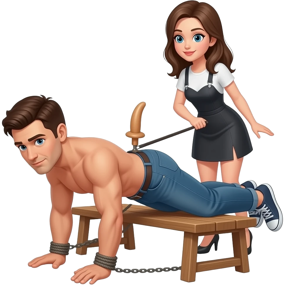 I got bent over on all fours tied to a bench with a girl standing behind him with a fake strap on dildo to fuck pegging him with emoji