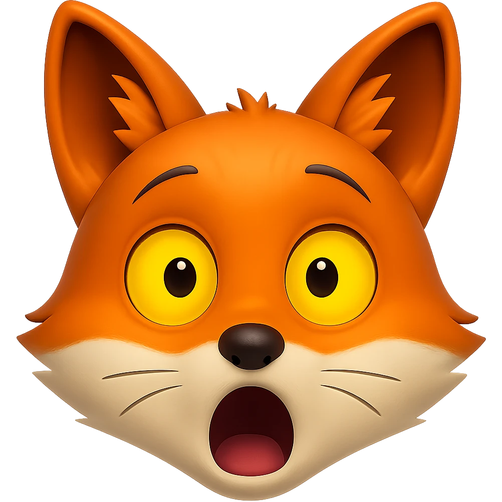 A 2D cartoon fox emoji with a surprised expression, wide eyes and open mouth, with yellow eyes. emoji