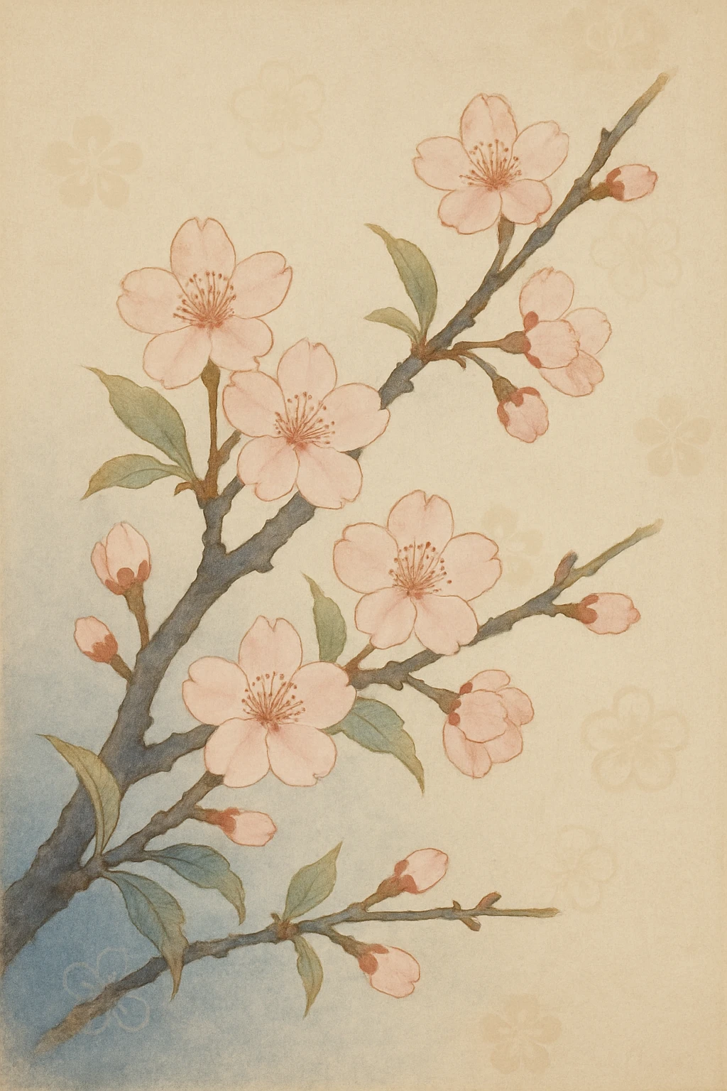 A blooming cherry blossom branch with delicate petals, nihonga style, elegant composition, traditional Japanese painting feel. emoji