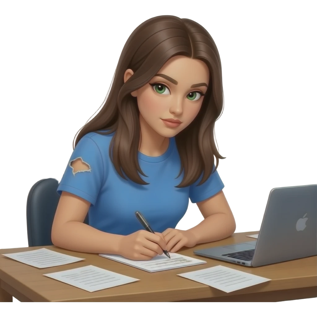 a brunette with long straight hair with green eyes writing down notes with a lot of pieces of paper around her scattered everywhere on the table (at least 5 pieces of paper in a very disorganized way and a laptop in front of her and shes very focused) and she has a blue skims top with lots of paper emoji