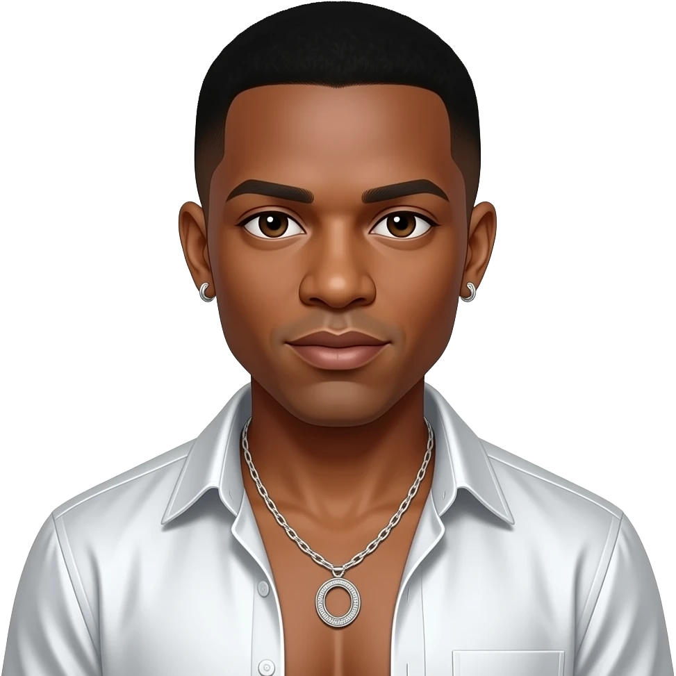 Ralph Tresvant from New Edition with dark brown eyes, short black fade hair, white metallic open shirt, shirtless with necklace and earrings emoji