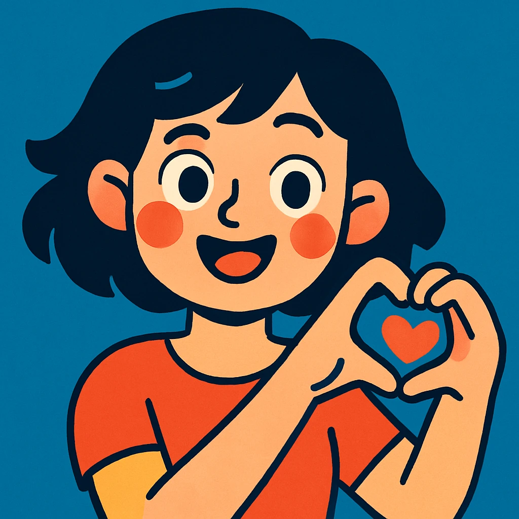 chica de cabello negro, corto y ondulado, haciendo un corazón con la mano, ilustración colorida y amigable emoji