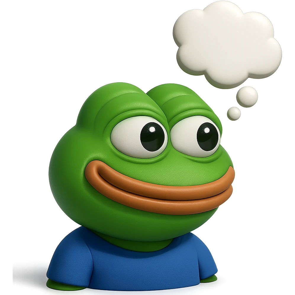 make a pepe in bright green smiling with thought bubble looking at right side in 3d style, good highlights and shadows, drop shadows emoji