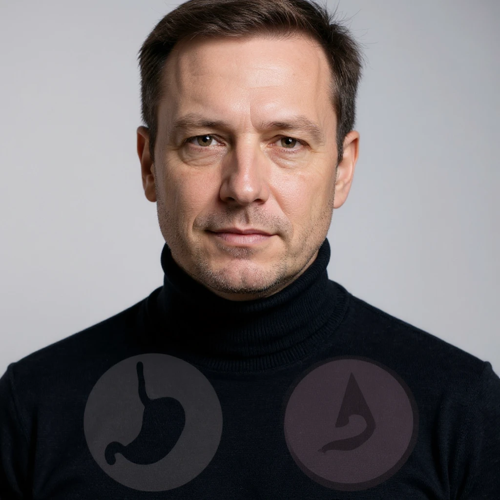Vertical portrait of a man's face in a realistic style with a determined gaze. Include symbols of a light stomach or stylized intestine next to the face. The atmosphere should convey lightness and well-being during fasting. emoji