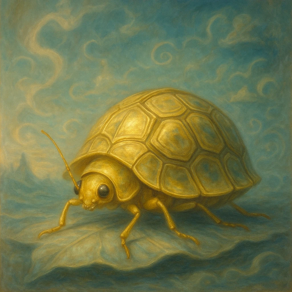 Golden Tortoise Beetle with a tortoise shell-like carapace, dreamlike surrealist style, ethereal atmosphere, soft lighting, imaginative and surreal elements emoji
