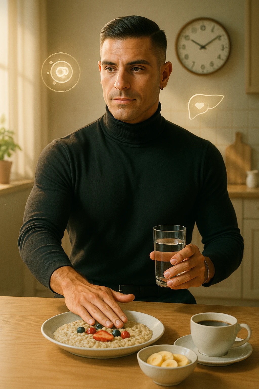 A realistic, cinematic illustration of a man in his early 30s with a fit, healthy appearance, standing in a bright kitchen in the morning. The kitchen table has a prepared but untouched healthy breakfast (oatmeal, fruit, coffee) on it, while the man, with a calm and focused expression, gently pushes the plate away with one hand while holding a glass of water in the other. A wall clock in the background shows 8:00 AM, indicating the morning fasting window, while sunlight streams in, illuminating the scene. Subtle glowing icons of a regenerating cell, a clean liver, and a heart float softly around him, symbolizing the health benefits of intermittent fasting. The atmosphere is clean, minimal, and motivating, showing that the man chooses intermittent fasting consciously for health, clarity, and energy rather than weight loss alone. The color palette is warm, with natural light and a slight film grain for depth emoji