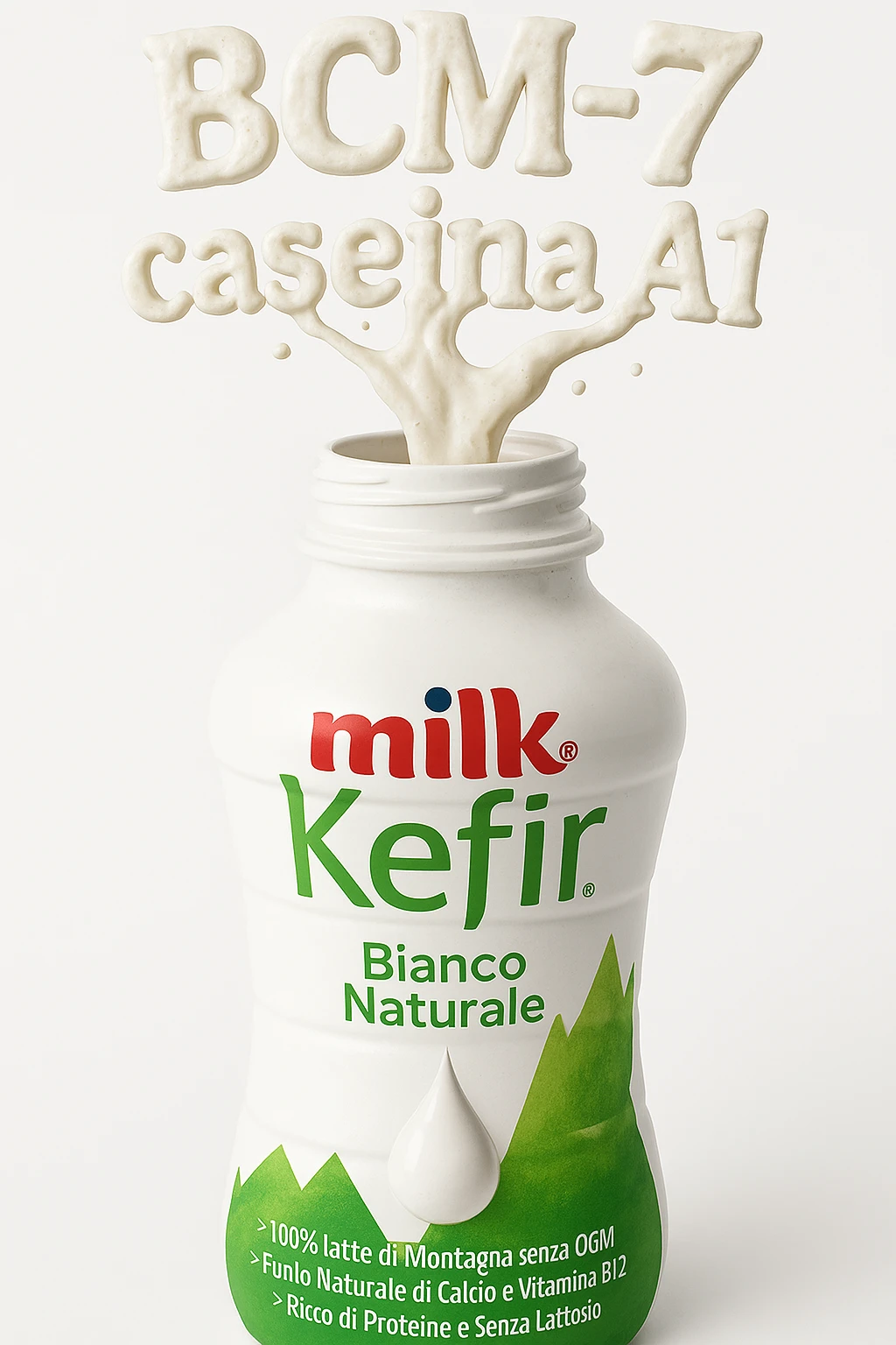 fai questa bottiglia di kefir stappata, dalla bottiglia escono le scritte "BCM-7" e "caseina A1", realistica 4k sfondo bianco emoji