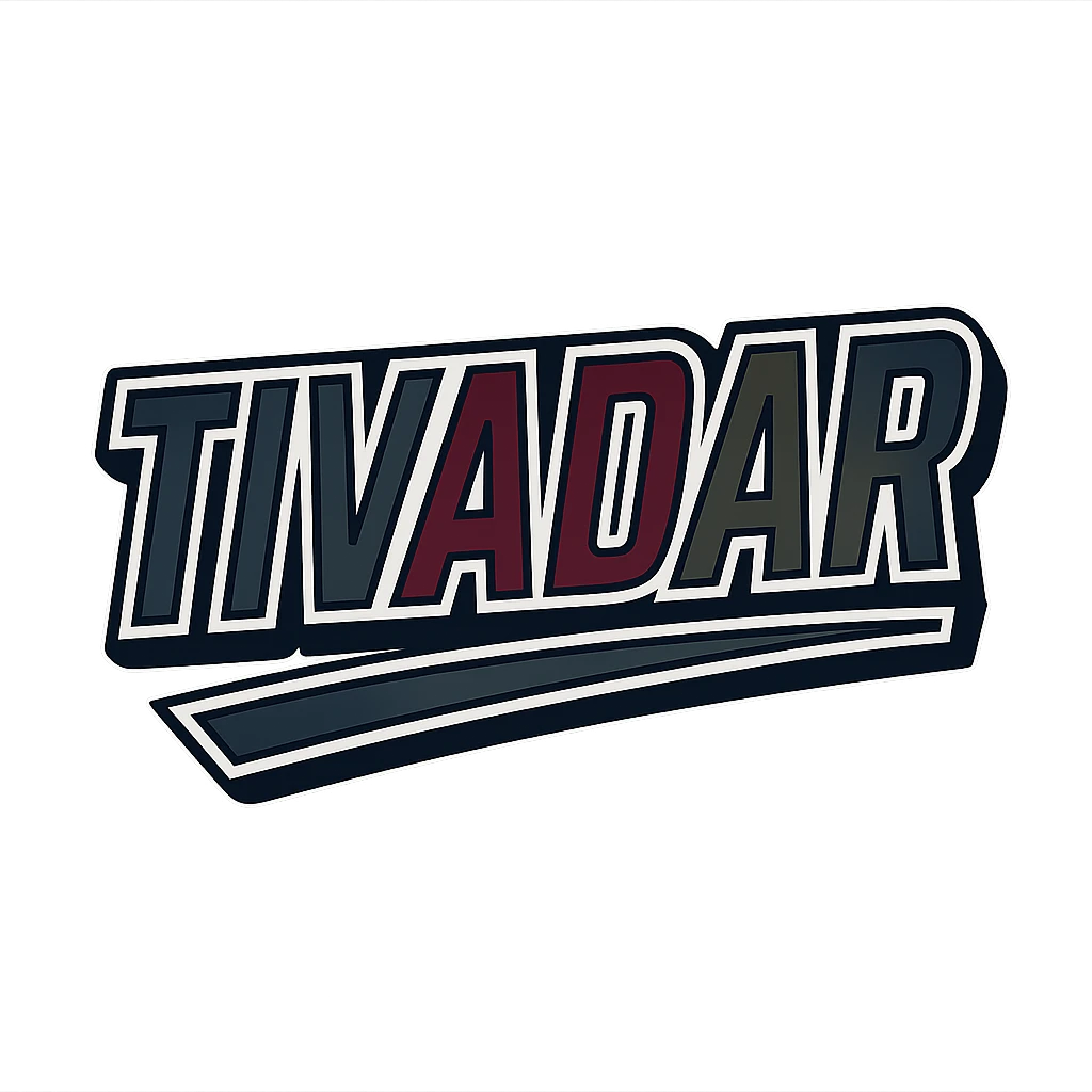 The name 'Tivadar' in a masculine, modern, gradient font with precise Hungarian characters, dark contour, extra wide and prominent white letter border as in sample images, dynamic slanted underline, masculine color shades including blue, gray, burgundy, green, and brown, 1000x1000 px, PNG, transparent background. emoji