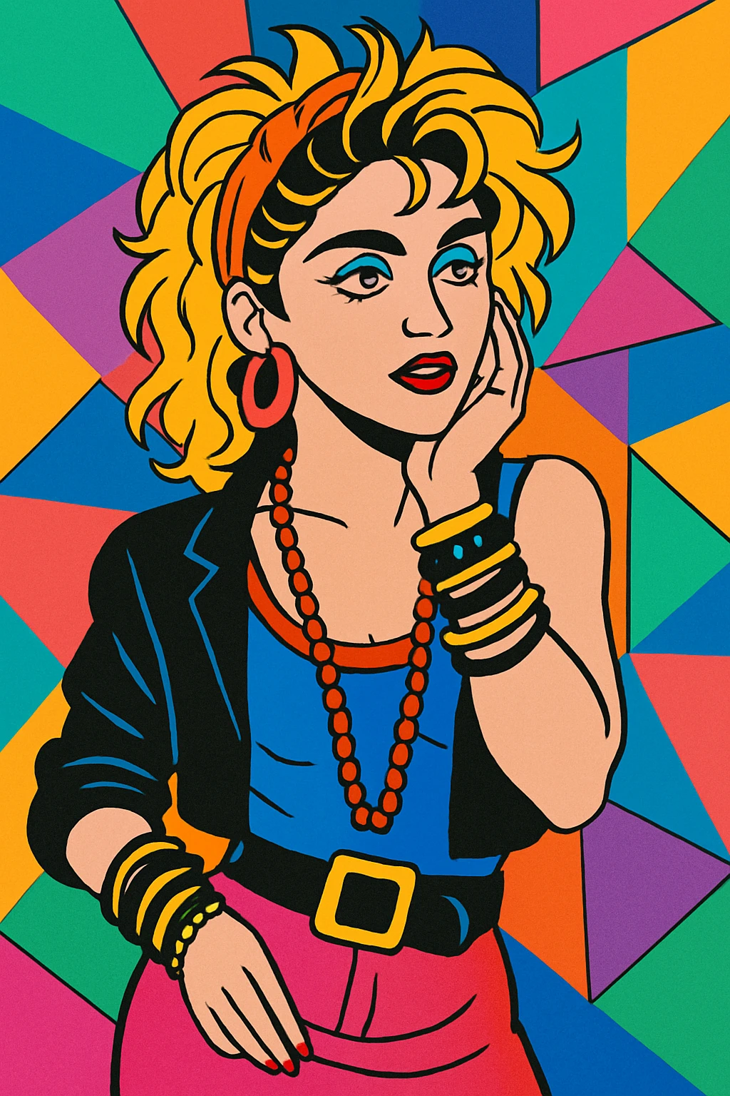 Madonna in her 'Borderline' music video look, 1980s pop style, colorful, energetic, iconic hair and fashion, vibrant background emoji