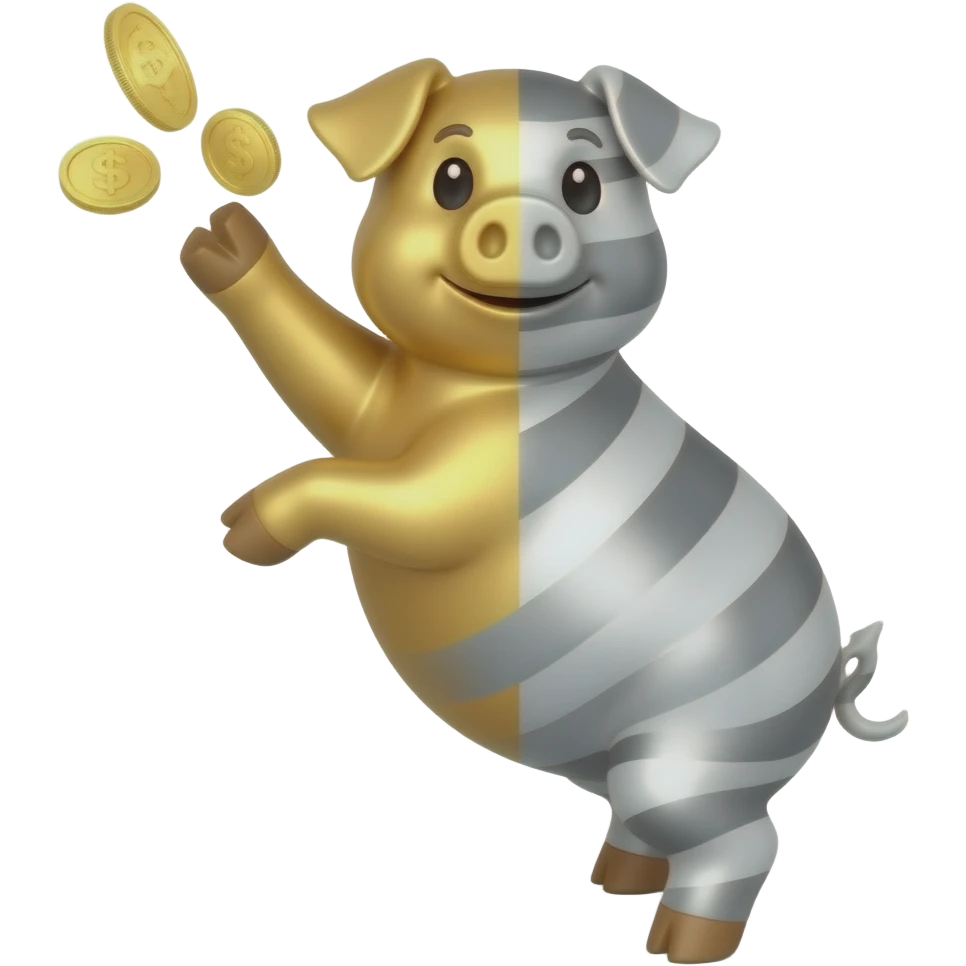 A pig reach with the hole for coins, do te middle of his body of gold and the other middle of silver, looked from 90 degrees up emoji