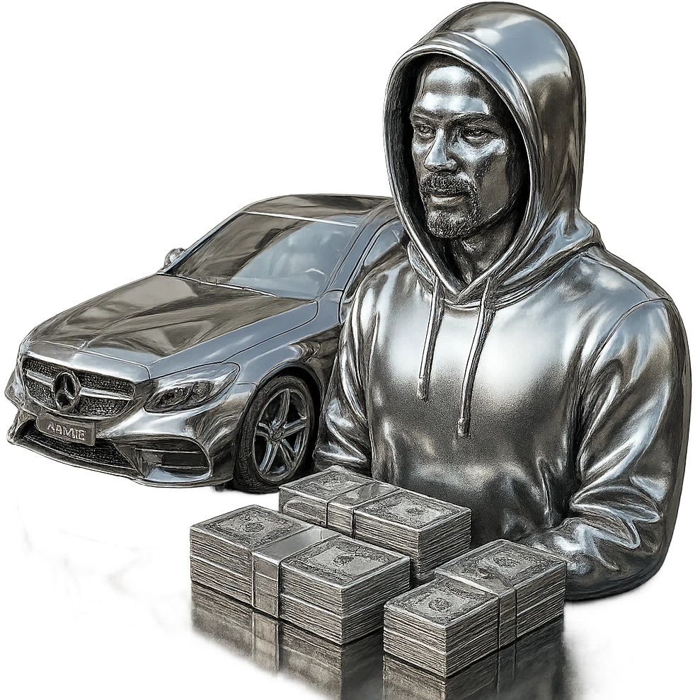 Edit the Indian man to wear a hoodie with a chrome hood, keep his goatee, add money on the side, and make the AMG car chrome. Keep the background transparent. emoji