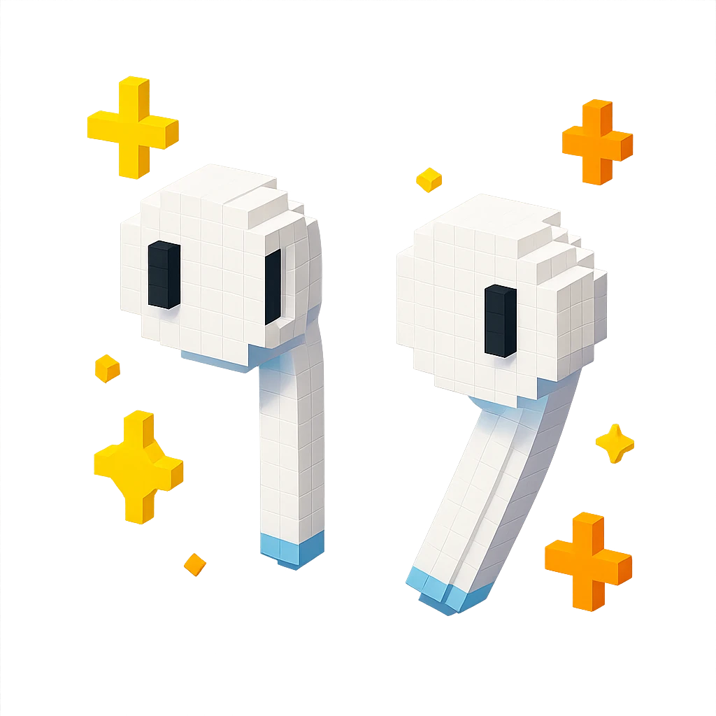 white EarPods headphones with a playful twist, floating in space, surrounded by tiny stars emoji