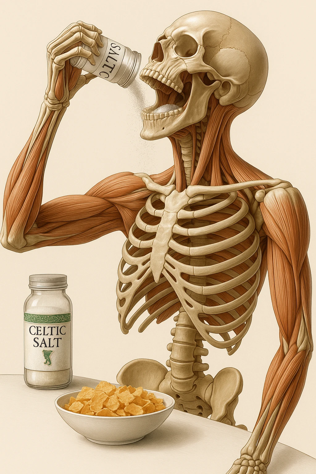 Create a vertical hyperrealistic 4K medical illustration in the style of the reference image. Depict an anatomically accurate human body holding a jar labeled 'CELTIC SALT', pouring salt into his mouth during breakfast. The background should be neutral and clear, with extreme detail and vertical format. Maintain the ultra-detailed medical illustration style as in the reference. emoji