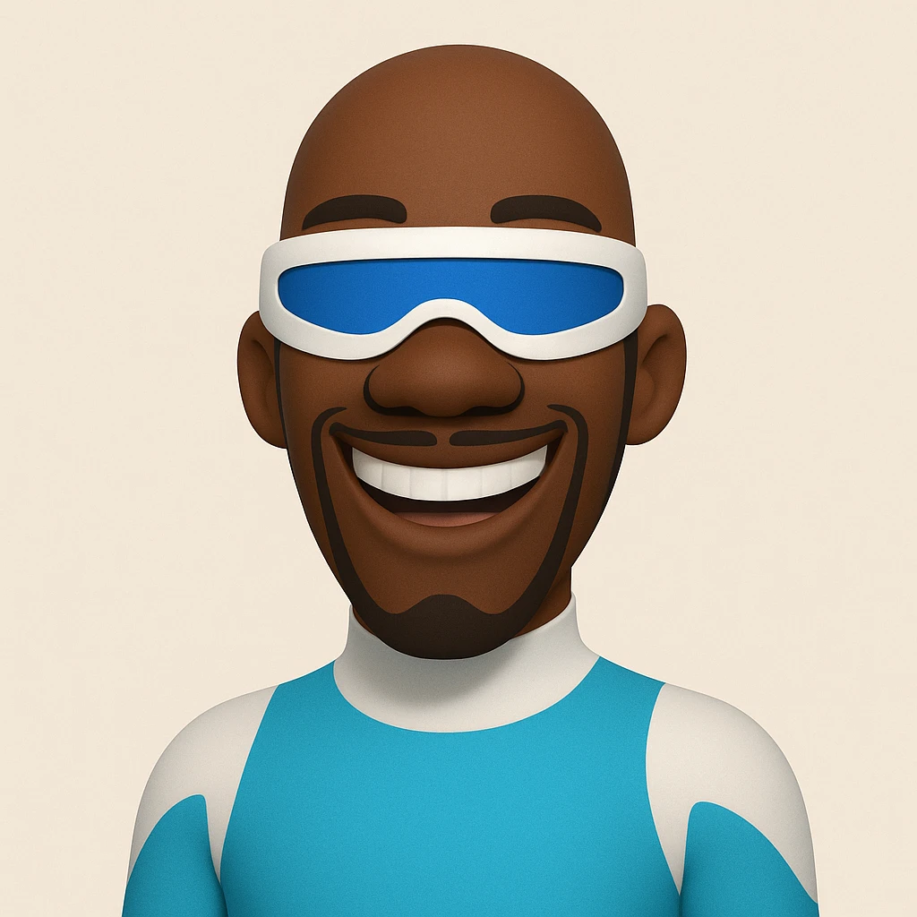 Frozone, memoji style, blue and white superhero suit, smiling, cartoonish face emoji