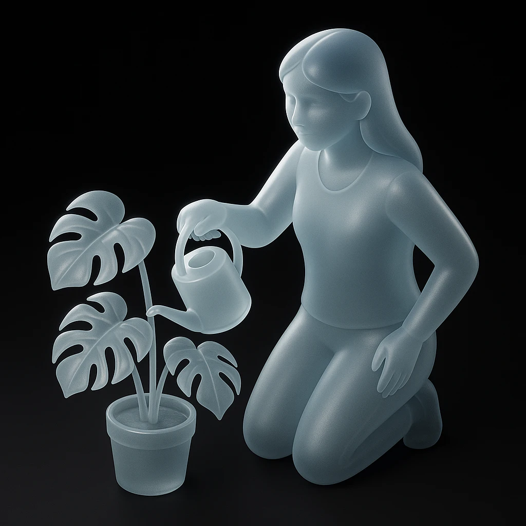 woman watering her monstera plant emoji