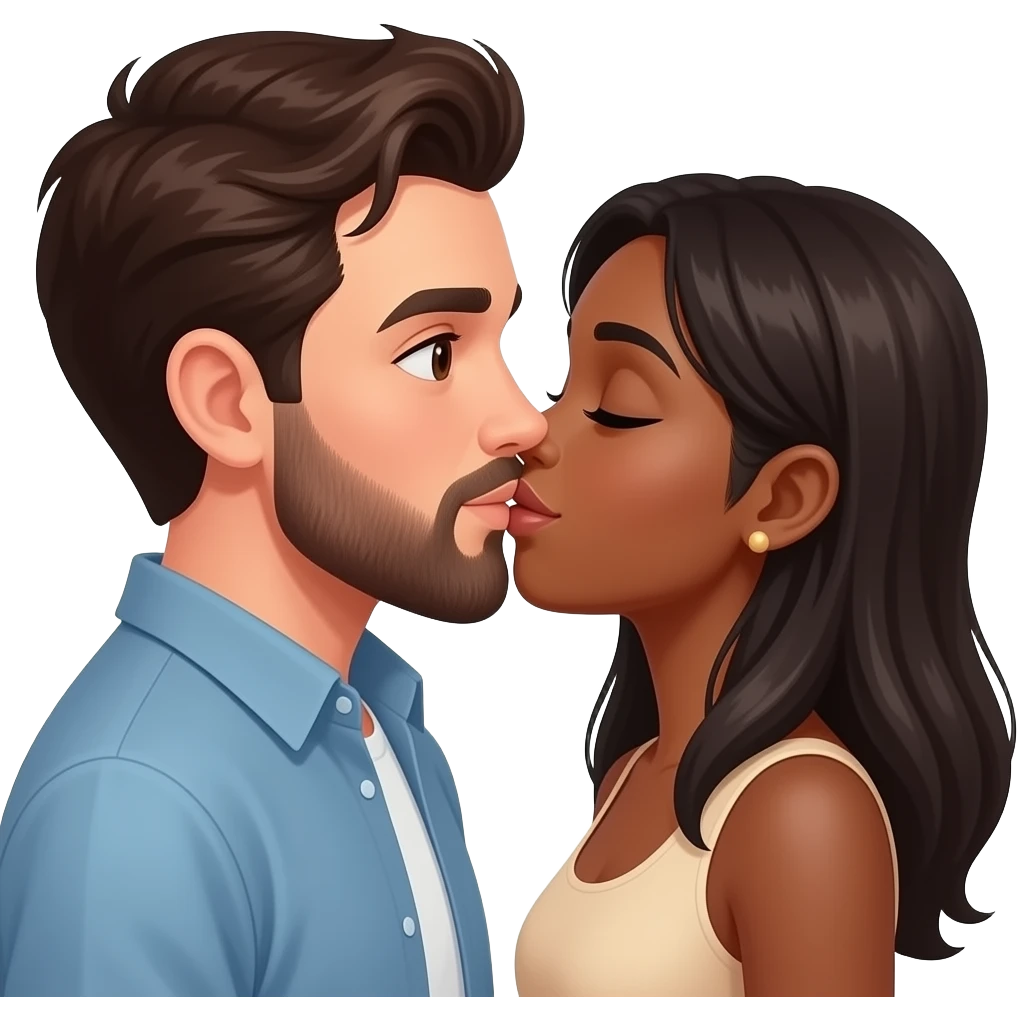 White man with dark brown hair and beard kissing a black woman emoji