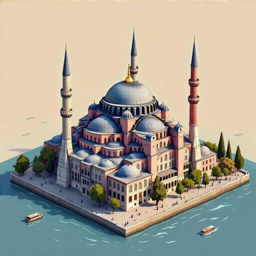 Isometric illustration of Istanbul, featuring photorealistic of Hagia Sophia in Istanbul central dome with four minarets, subtle stone textures, soft lighting and shadows, semi-realistic and stylized miniature look, transparent background. emoji