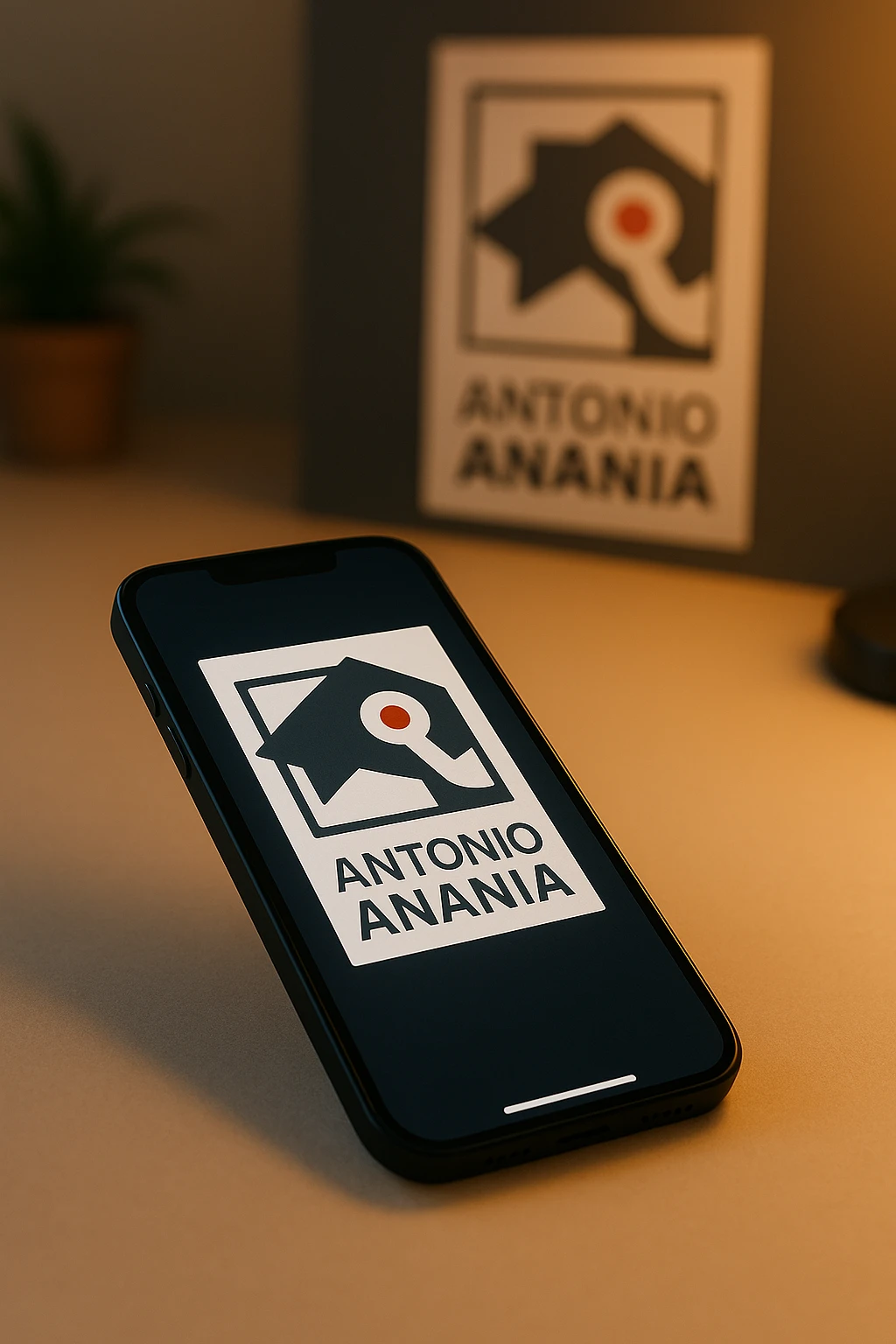 A photo of an iPhone with the message "Antonio Anania" on its screen, The phone sits atop a desk with a blurred background that suggests work environment. A faint glow from above casts gentle shadows across the surface of each object, creating depth and highlighting their textures emoji