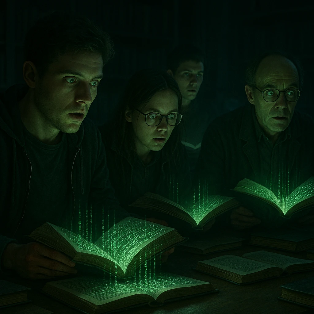 people in a study room immersed in books with pages transforming into green codes, hypnotized expressions, dark and technological environment, realistic details, 4K quality emoji