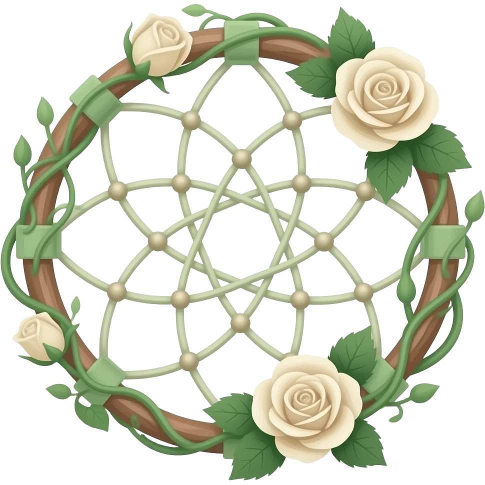 Pastel Green-white-brownish-beige-gradients dreamcatcher, pastel colors, whitish, light, green academia aesthetic, mossy, with green vines and beige roses emoji