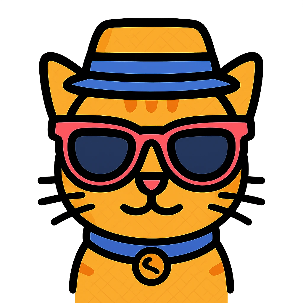 Add a stylish hat to the cat wearing sunglasses, keep the background transparent. emoji