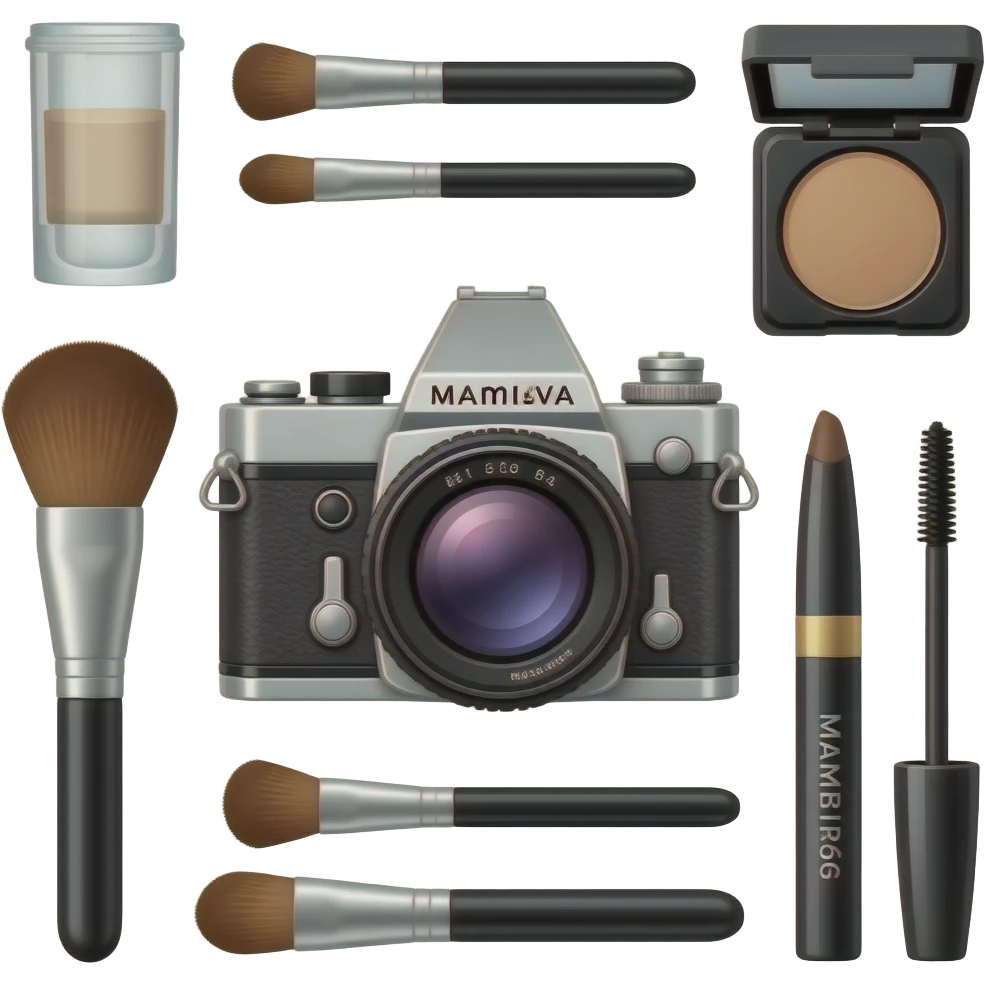 composition of make-up accessories with photo-camera Mamiya RB67 emoji