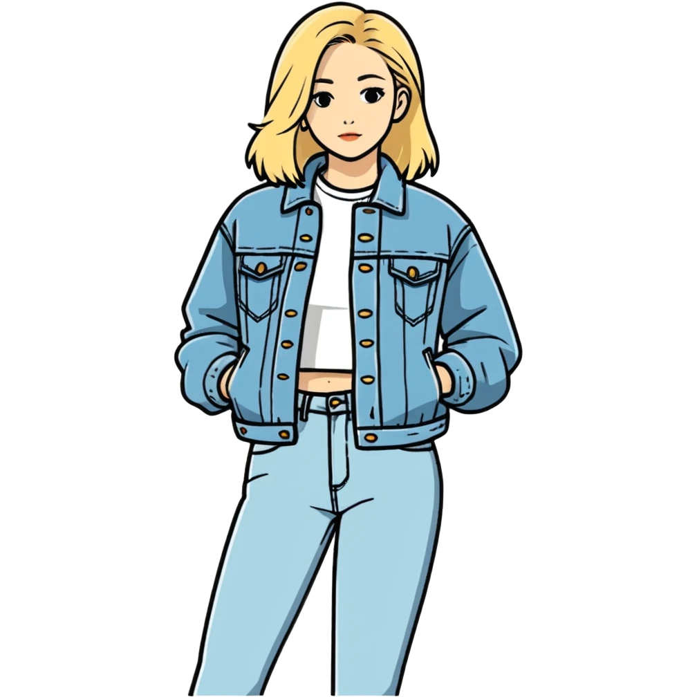 Mulher loira usando uma jaqueta jeans full body  emoji
