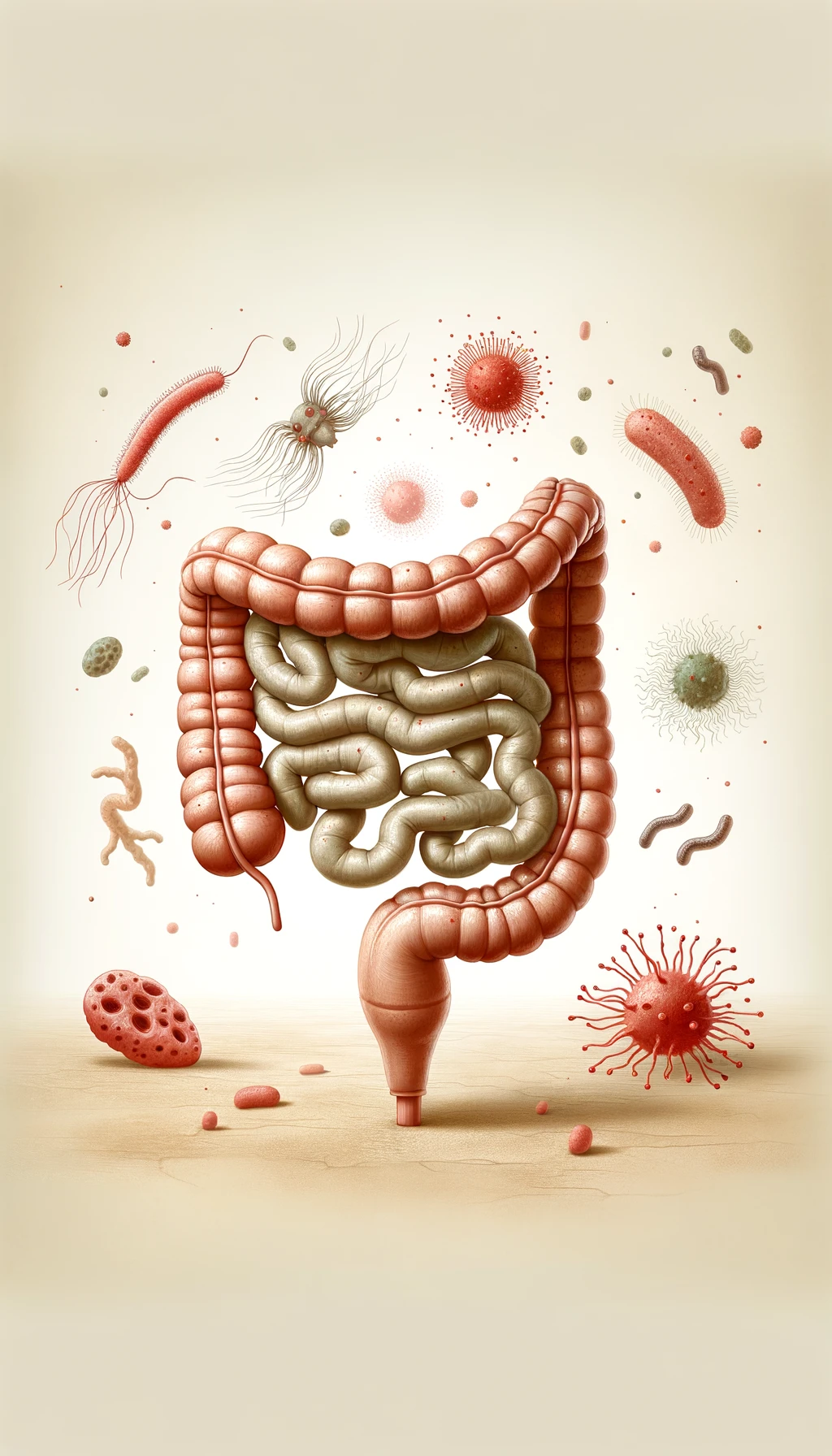 intestino umano anatomico con batteri e parassiti che gli fluttuano dietro, sfondo beige chiaro emoji