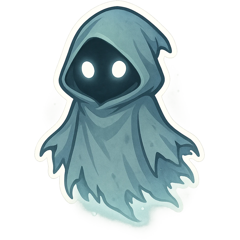 A ghostly, floating cloak with no visible face, only two glowing white eyes inside the hood. The cloak is semi-transparent, slightly tattered at the bottom, and emits a faint glow or mist. Mysterious and eerie vibe, chibi-style, cartoonish but spooky. emoji