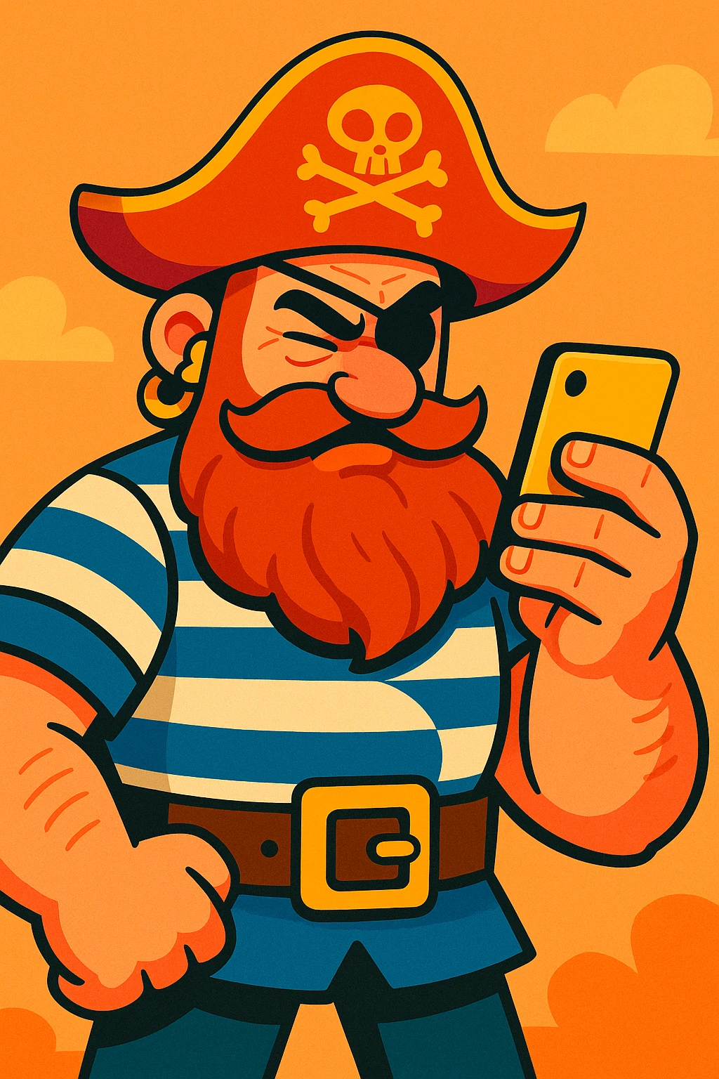 vibrant toon style pirate with a bushy beard and striped shirt, squinting at a phone, exaggerated features emoji