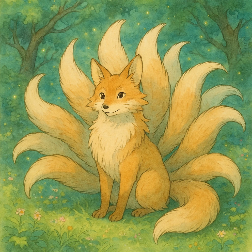a fox with nine tails, ghibli style emoji