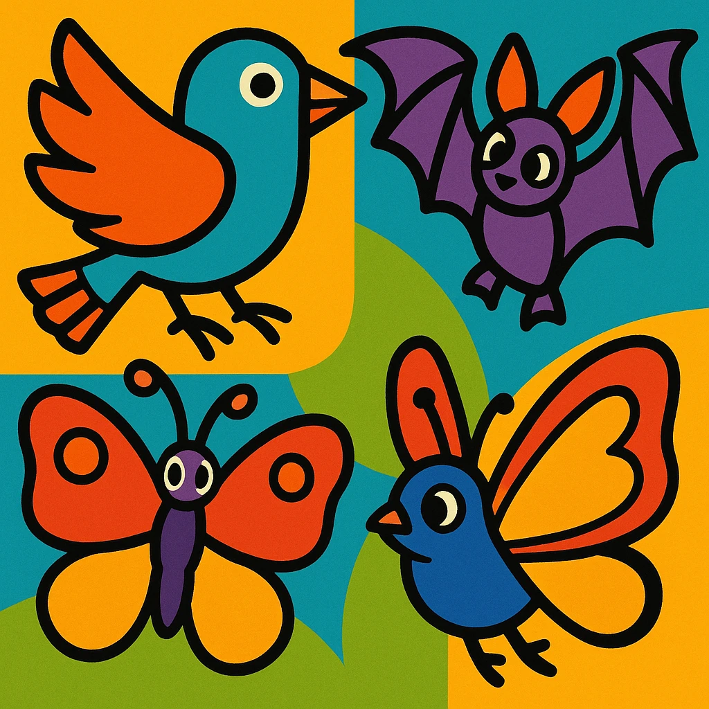 a group of animals with wings including a bird, a butterfly, and a bat in vibrant toon style emoji