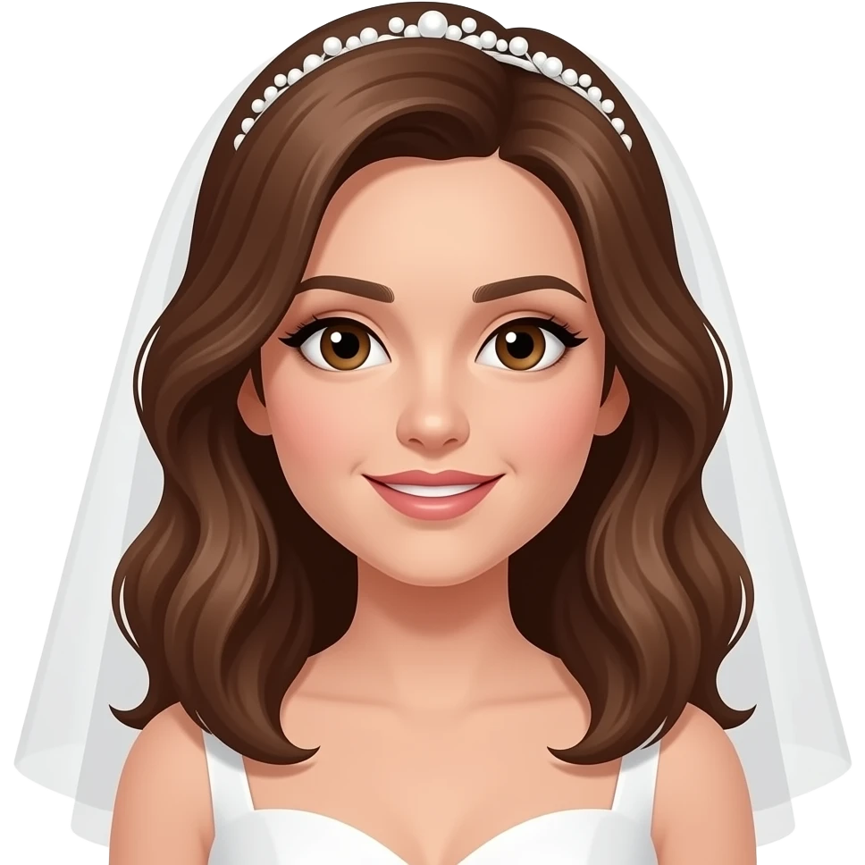 mariée, cheveux châtains mi-longs ondulés, yeux marrons emoji