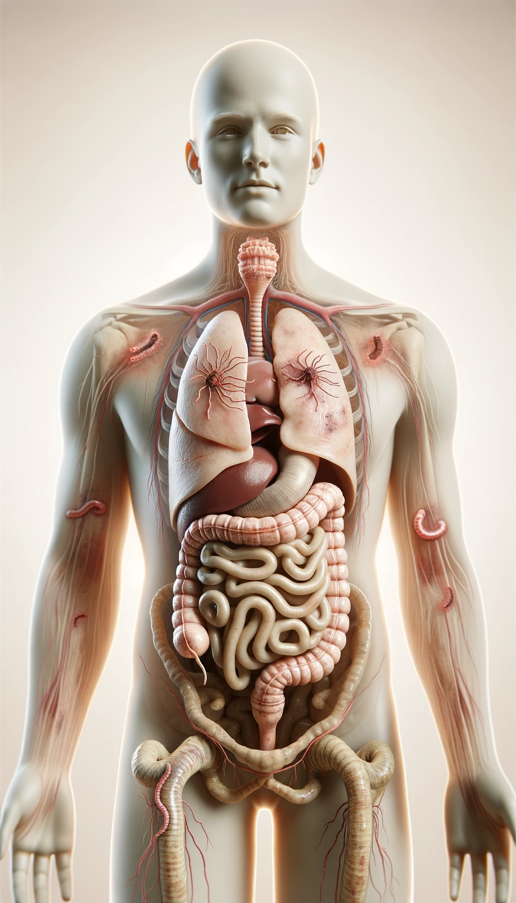 corpo umano anatomico con parassiti tipo la tenia nel corpo, intestino visibile, sfondo neutro chiaro emoji