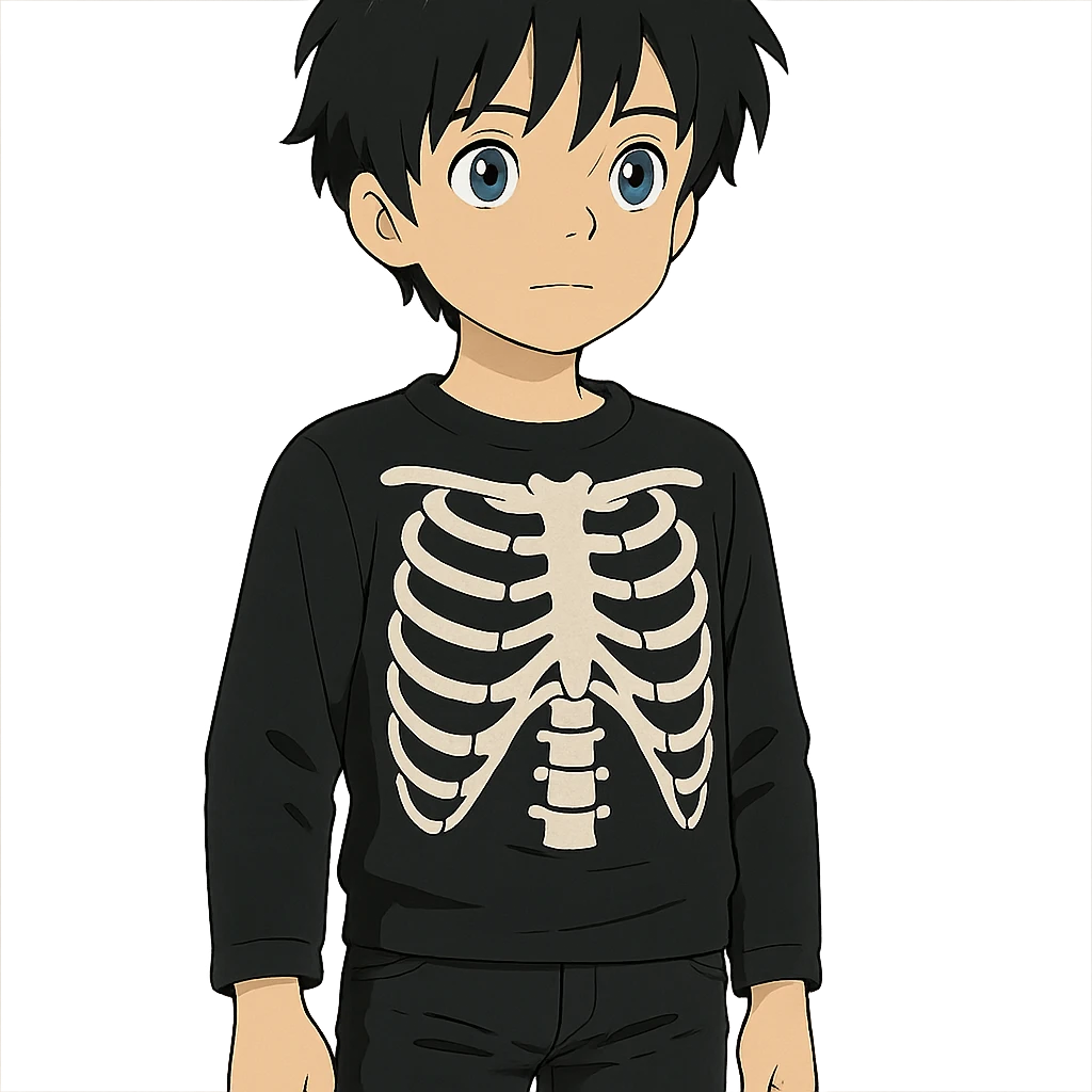 ghibli style black-haired, blue-eyed boy wearing a black skeleton top and ripped black jeans emoji
